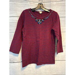 J.Crew Bejeweled Striped Red & Navy 3/4 Sleeve Top Size S